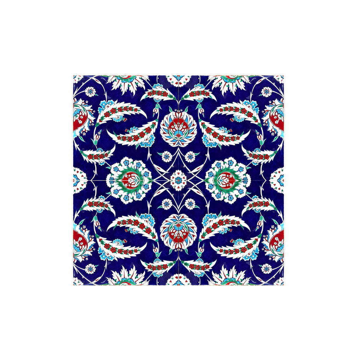 Inspired by the elegant saz style that flourished in the Ottoman imperial workshops of the 16th century, this Iznik tile features flowing vegetal motifs set against a rich cobalt blue ground