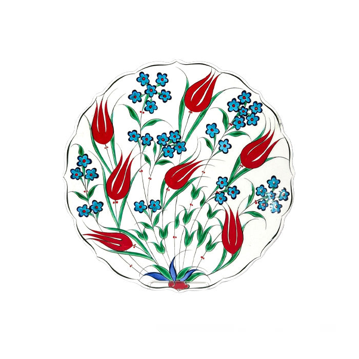 Decorative iznik plate with red tulips and blue flowers on a white background