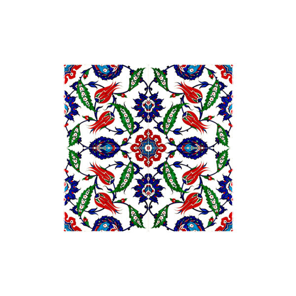 Decorative pattern with flowers and leaves in red, blue, and green on a white iznik tile
