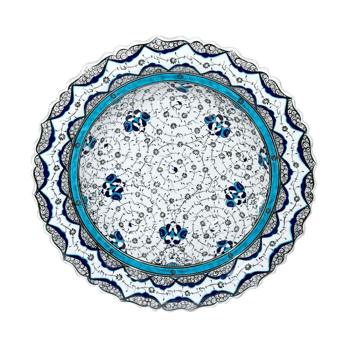 Decorative iznik plate haliç pattern with blue and white floral patterns on a white background