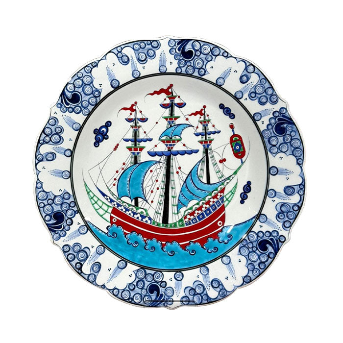Iznik Ceramic Plate painted in blue red and turquoise with ships