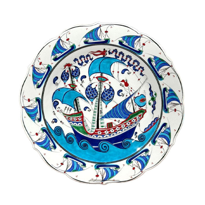 Iznik plate dark blue galleon design, edges of plate has small galleys.