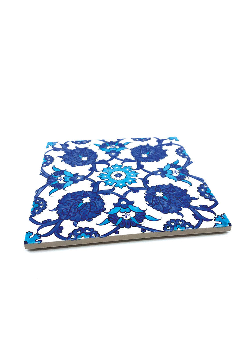 Iznik Tile Art with Blue White Floral Design