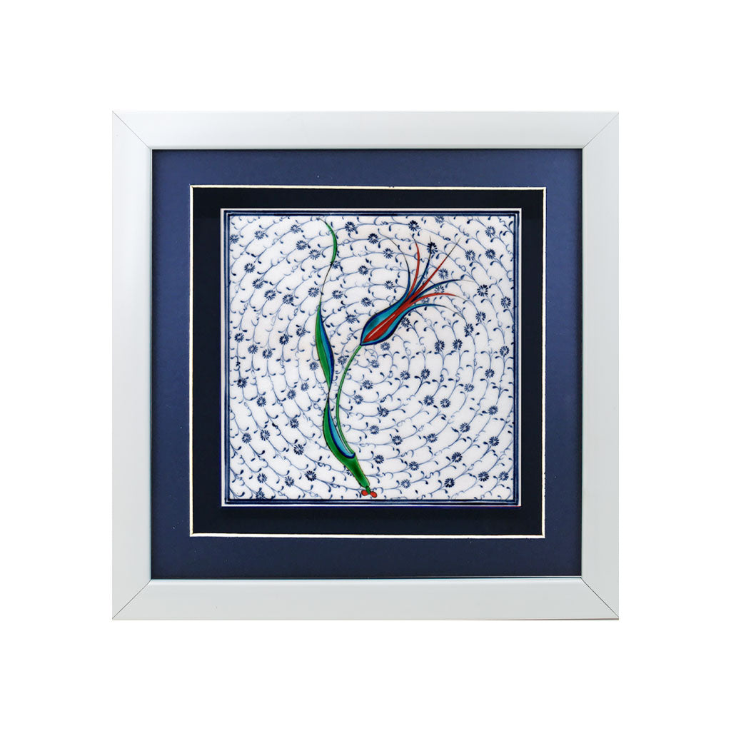 Golden horn pattern framed iznik tile with Istanbul tulip