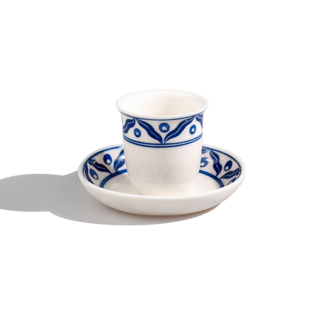 Cintemani pattern blue-white transparent turkish coffee porcelain cup and plate.