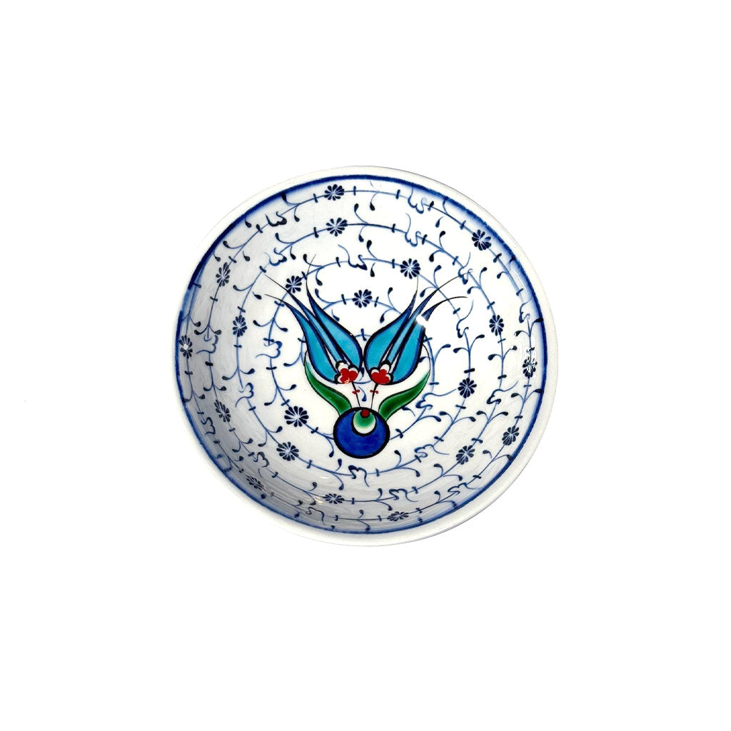 Turkish Ceramic Bowl with Turquoise Double Tulip on Golden Horn Pattern 