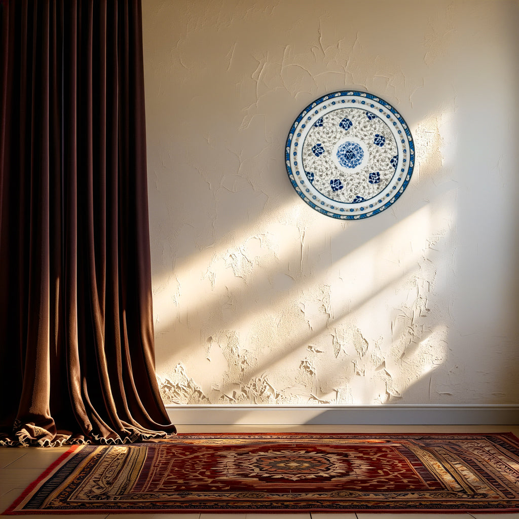 Decorative Iznik plate on a textured wall with a patterned rug and draped curtain.