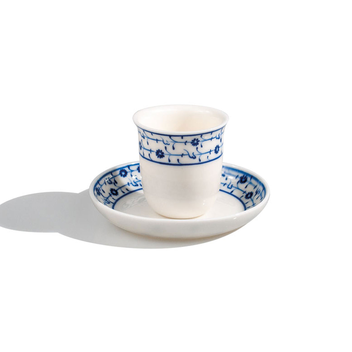 Golden horn pattern blue-white transparent turkish coffee porcelain cup and plate.