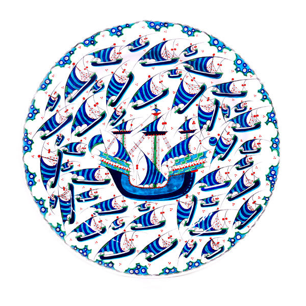 Collection Iznik plate large galleon in the middle and small ships around the iznik tile plate.