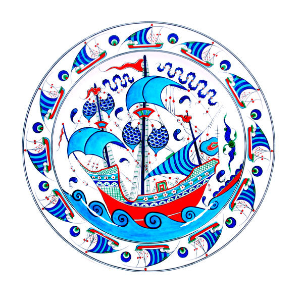 Iznik collection plate with beautiful sailing-ship.