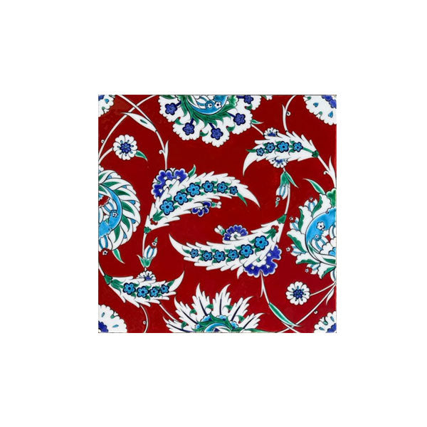 Iznik Tile with Coral Red Ground in Saz Style