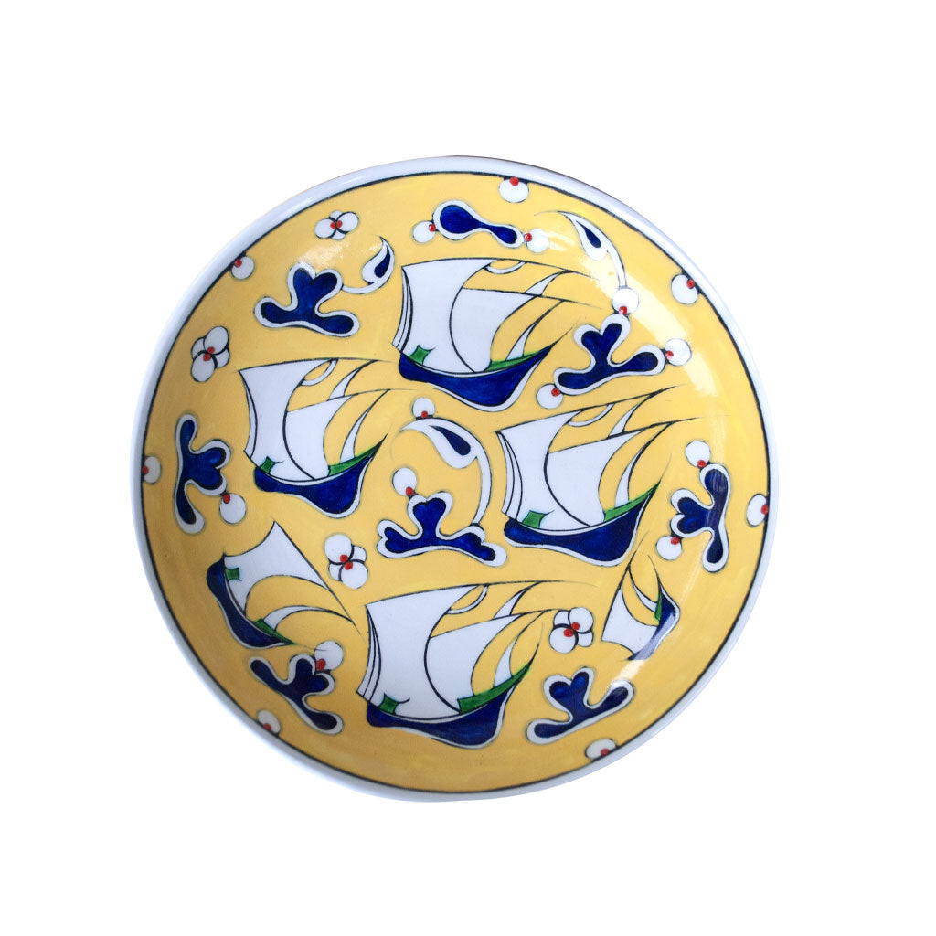 Iznik ceramic galleon pattern plate on yellow ground