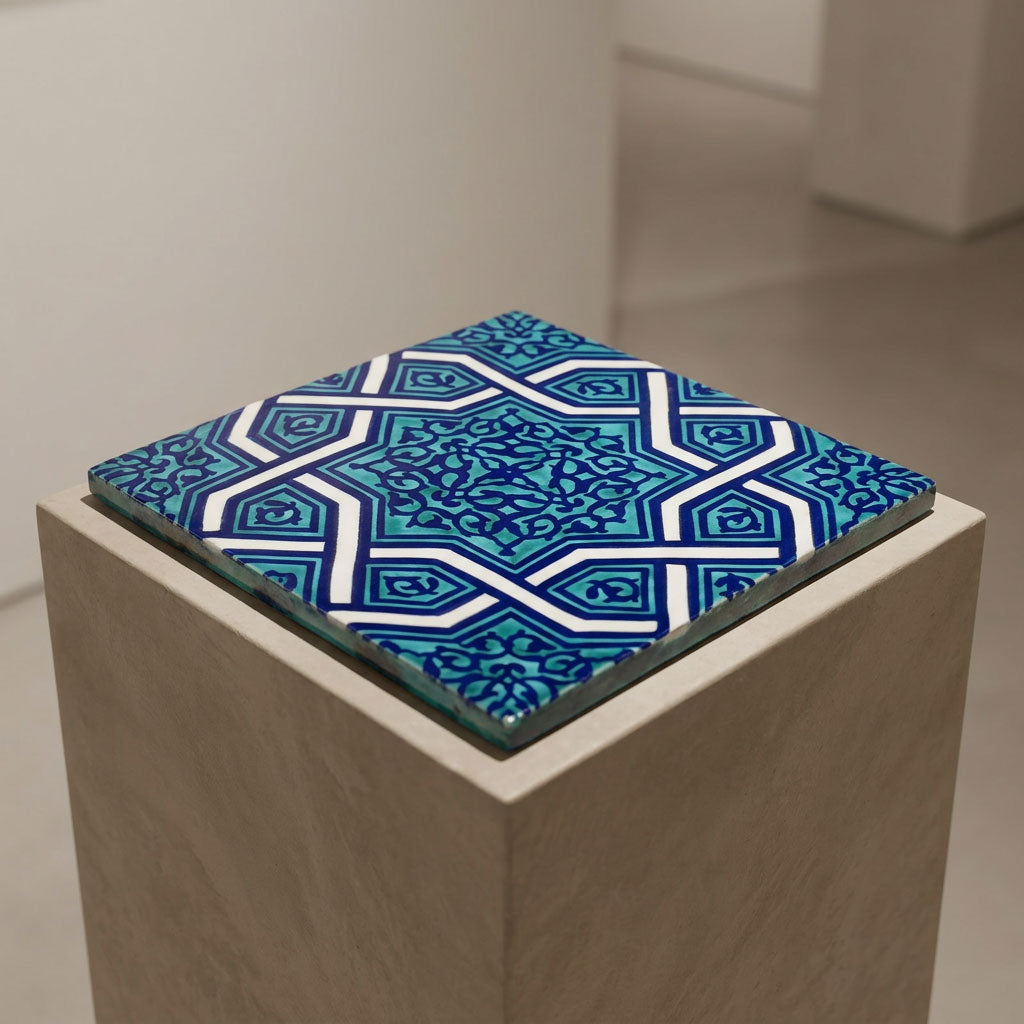 Blue and white geometric seljuk patterned tile 