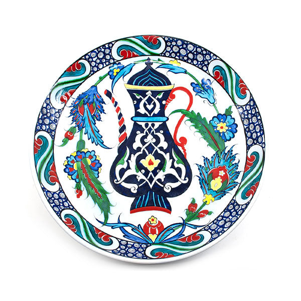 Iznik Plate with cobalt-blue rumi patterned ewer in centre