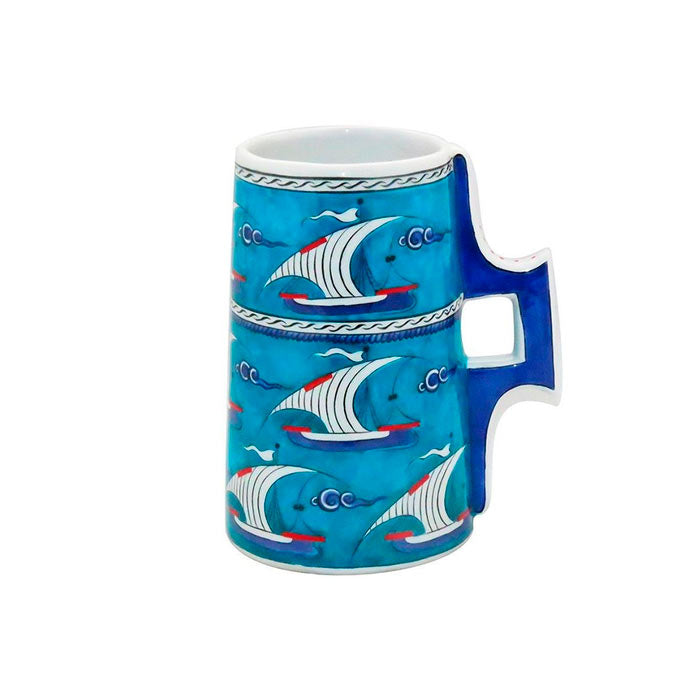Iznik tankard painted in turquoise ground with galleon design
