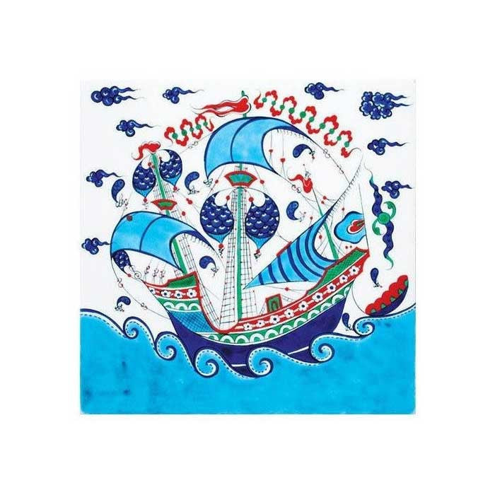 Iznik tile painted in blue and turquoise with ships