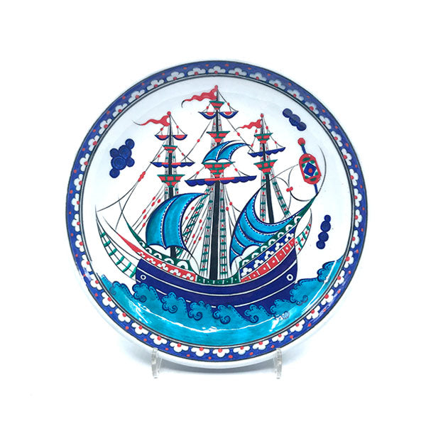 Iznik deep plate decorated with cobalt-blue Ottoman galleon